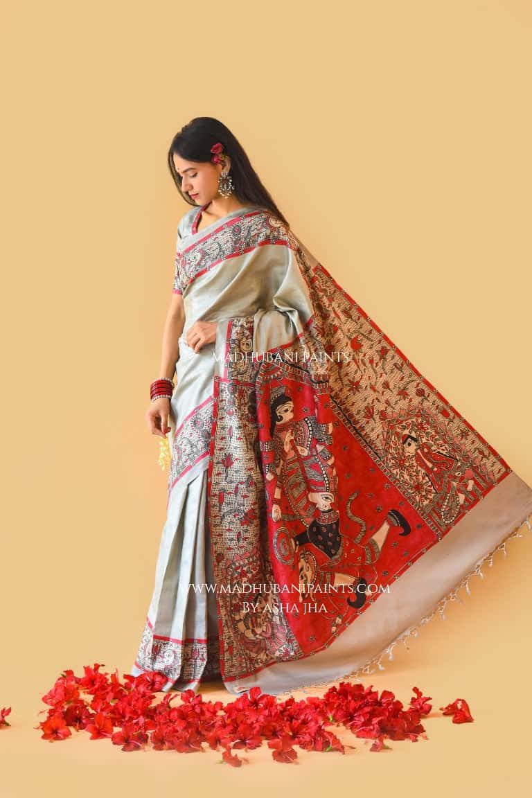 'RAJESHWARI' Handpainted Madhubani Tussar Silk Saree Blouse set — image 8 of 10