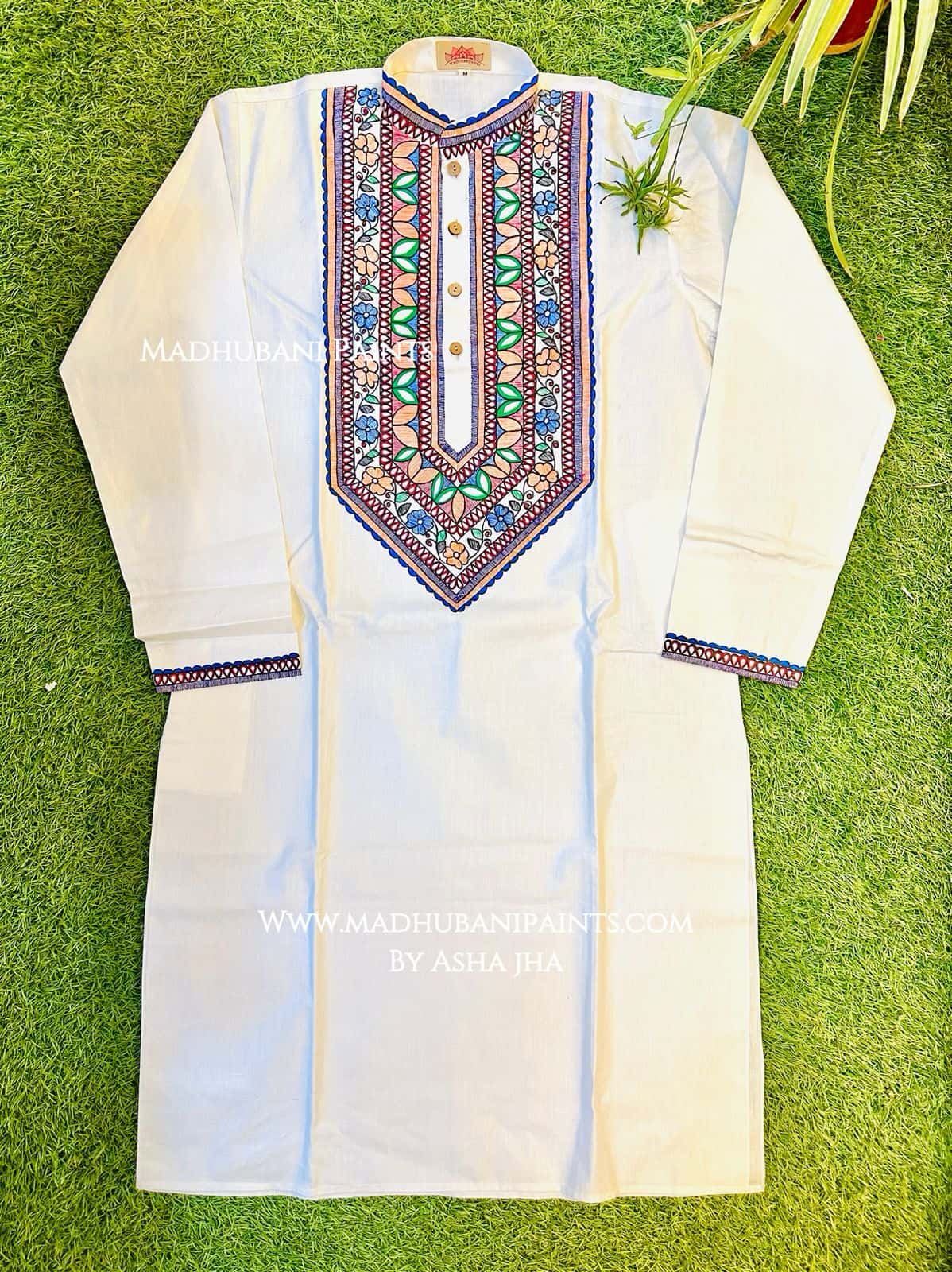 Beige Mithila Border Hand-painted Handloom Men's Cotton Kurta — image 2 of 4