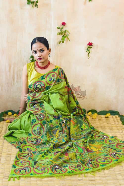 'Bengali Wedding' Handpainted Madhubani Chanderi Saree — image 2 of 6