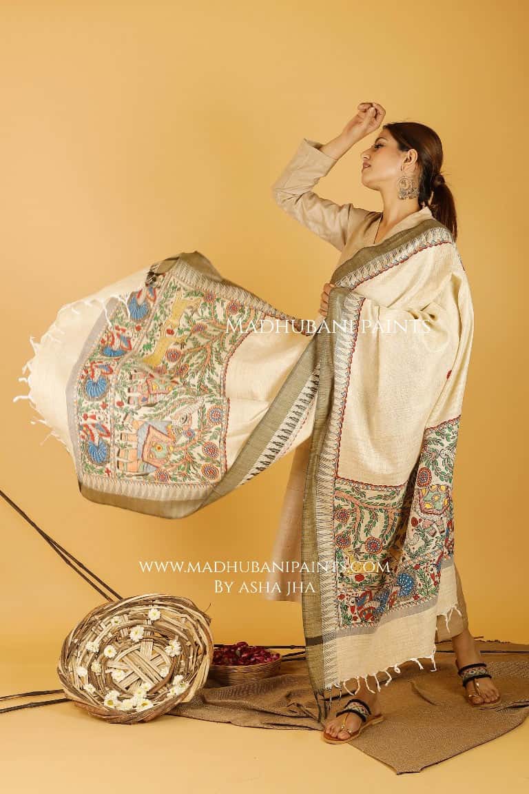 Ele Vrindavan Madhubani Handpainted Pure Handwoven Cotton Dupatta — image 4 of 4
