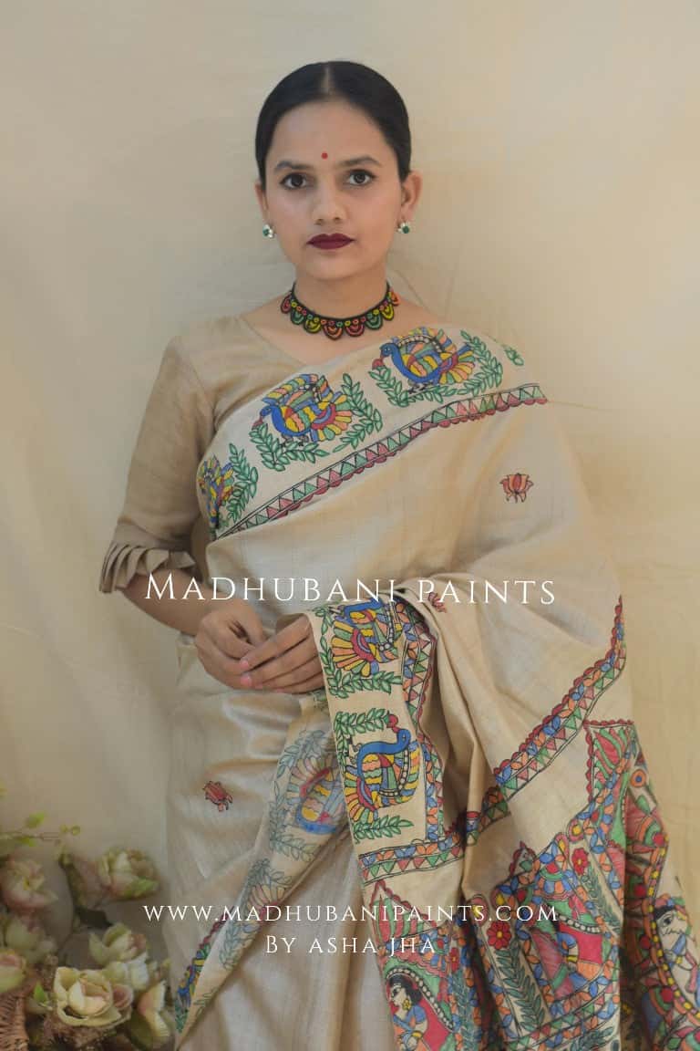 Gaon Ghar Doli Madhubani Handpainted Tussar Silk Saree — image 4 of 4