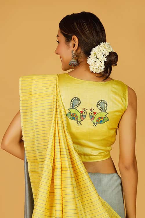 'Judwa Mayuri' Handpainted Madhubani Pure Silk Blouse — image 4 of 5