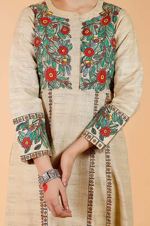 'Mayur' Handpainted Madhubani Pleated Dress Cotton Kurta — image 7 of 8