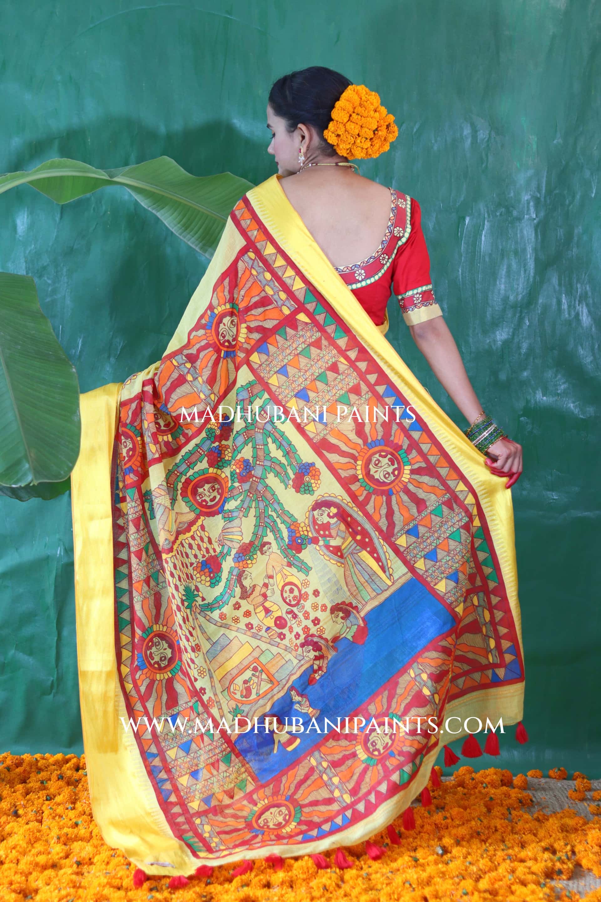 Chhath Puja Handpainted Madhubani Handloom Cotton Saree Blouse Set — image 2 of 5