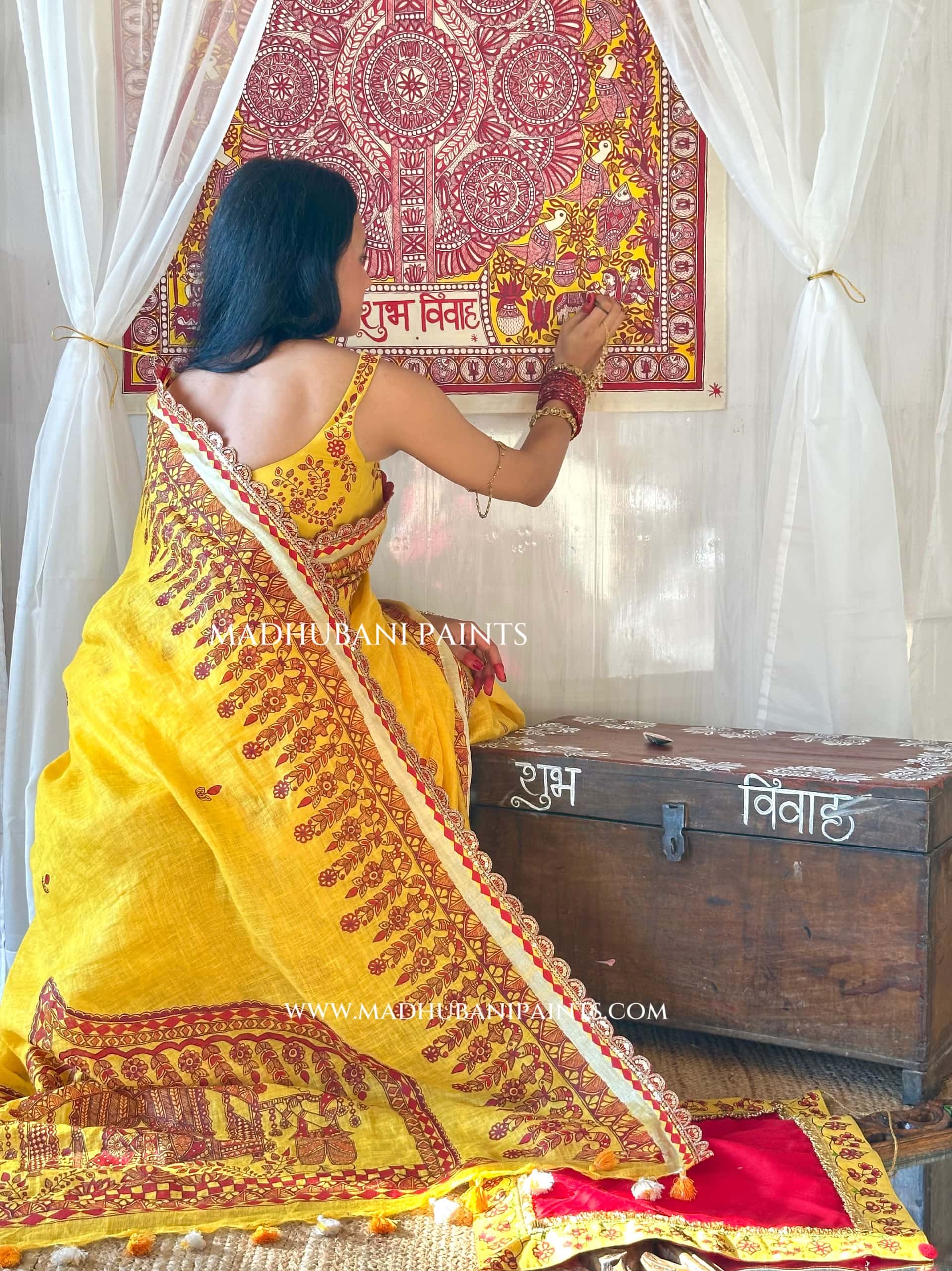 Haldi Bridal Hand-painted Madhubani Painting Saree — image 12 of 12