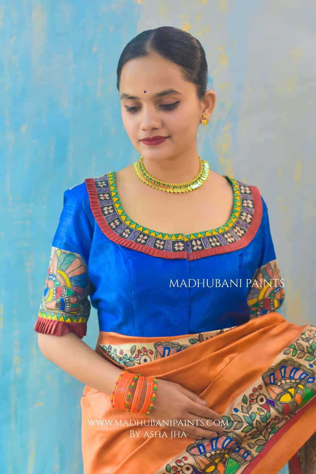 'NARANGI DOLI' Hand Painted  Madhubani Tussar Silk Blouse — image 2 of 5