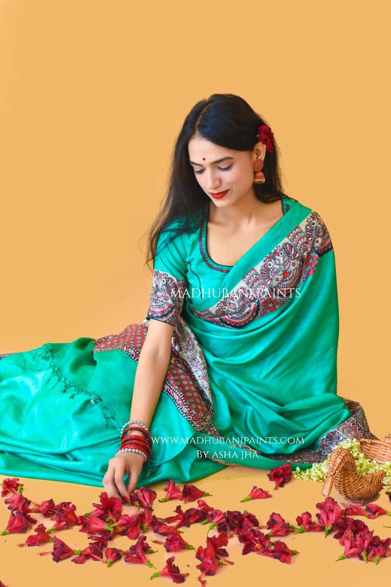 'SHYAMA' Handpainted Madhubani Tussar Silk Blouse — image 5 of 6