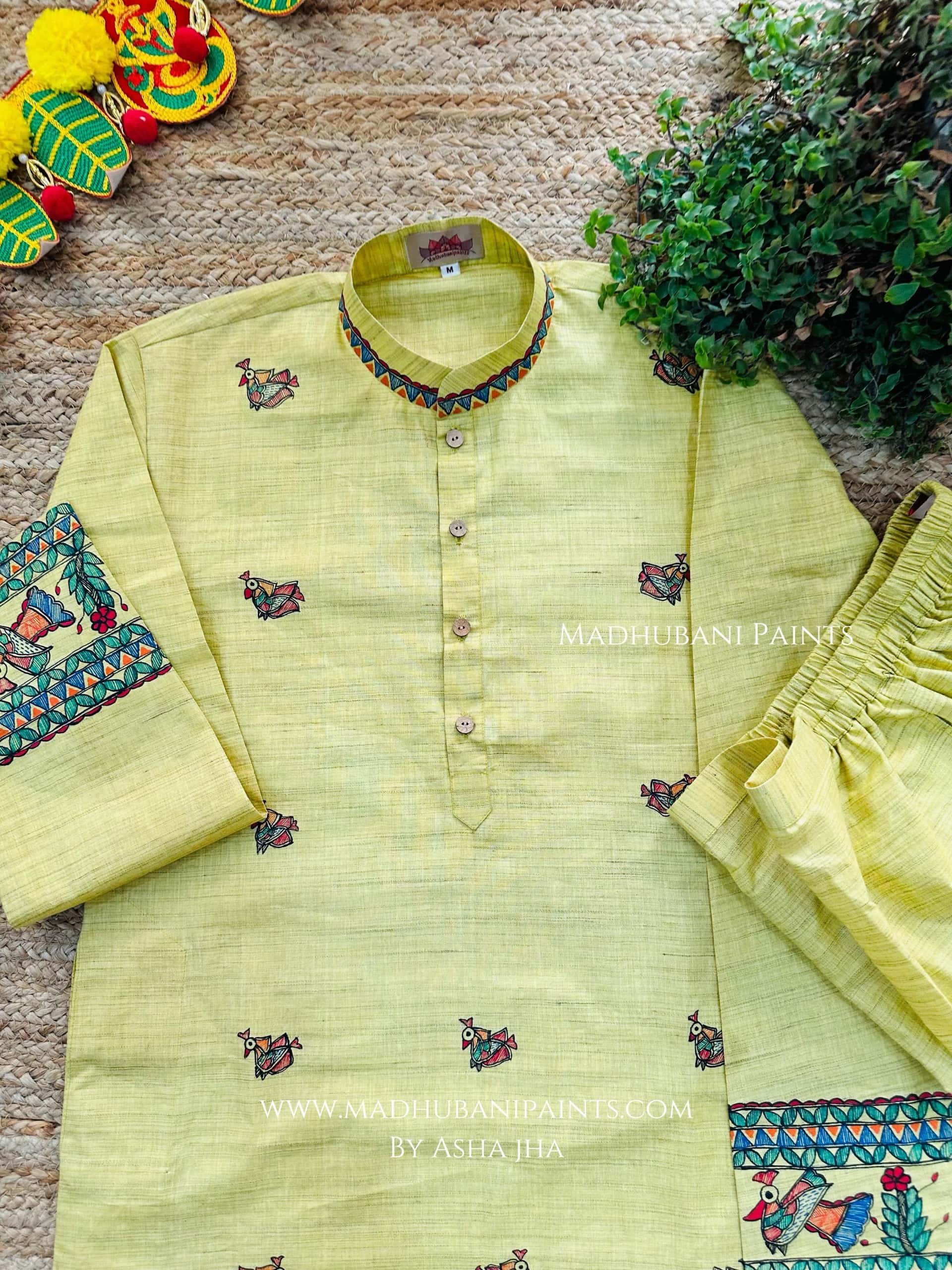 Yellow Mayuri Hand-painted Handloom Men's Cotton Kurta — image 6 of 9