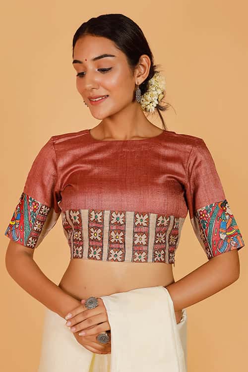 'Mithila Bride' Handpainted Madhubani Tussar Silk Blouse — image 5 of 10
