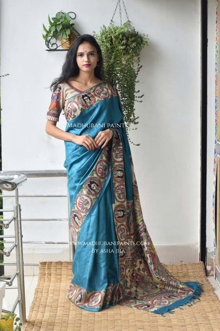 Bengali Wedding Tussar Madhubani Painting Saree with stitched blouse — image 3 of 5
