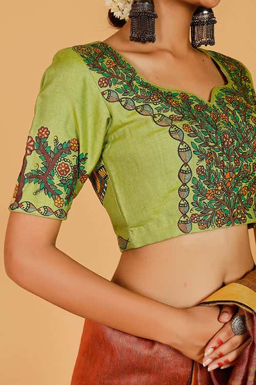 'Doli Bidai' Handpainted Madhubani Tussar Silk Blouse — image 4 of 7