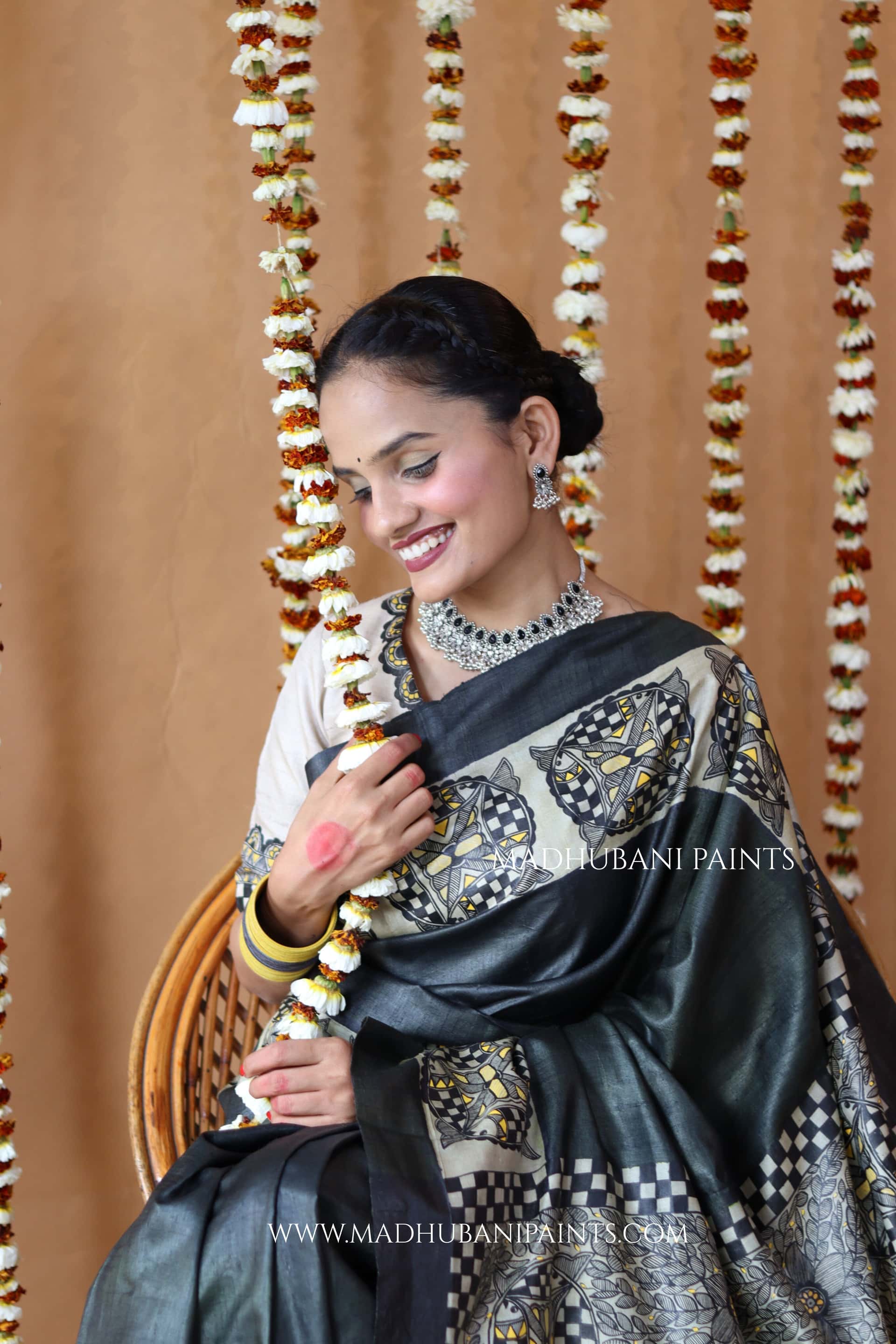 SAMUNDRAMAYI Yellow Hand-Painted Madhubani Tussar Silk Saree — image 3 of 7
