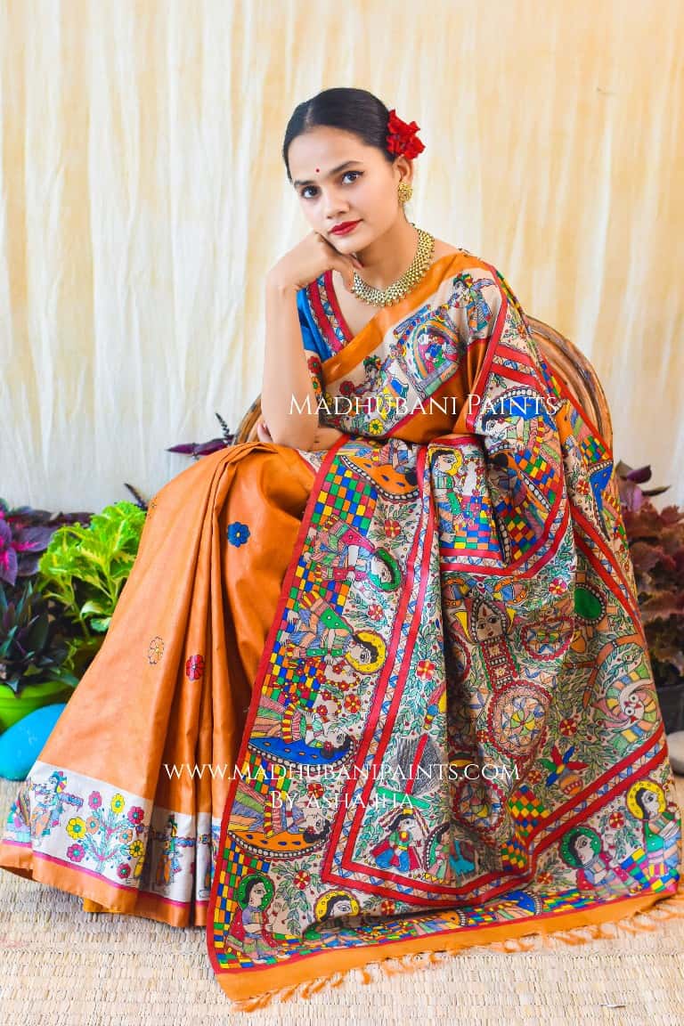 Swayamvar Kohbar Kathaa Madhubani Paints Hand Painted Saree Blouse Set — image 3 of 7
