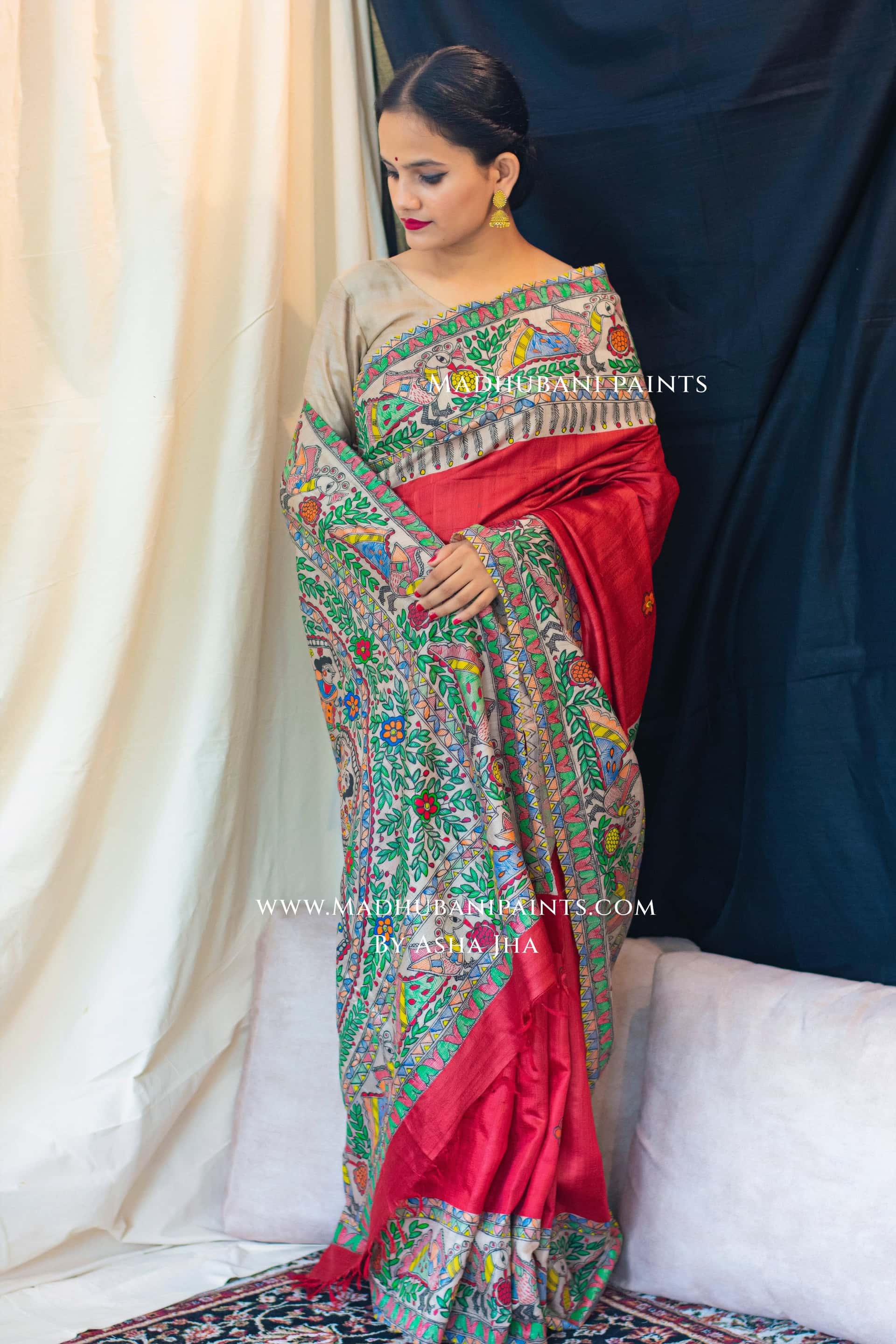 LAAL MANORATH Handpainted Madhubani Tussar Silk Saree Blouse Set — image 2 of 6