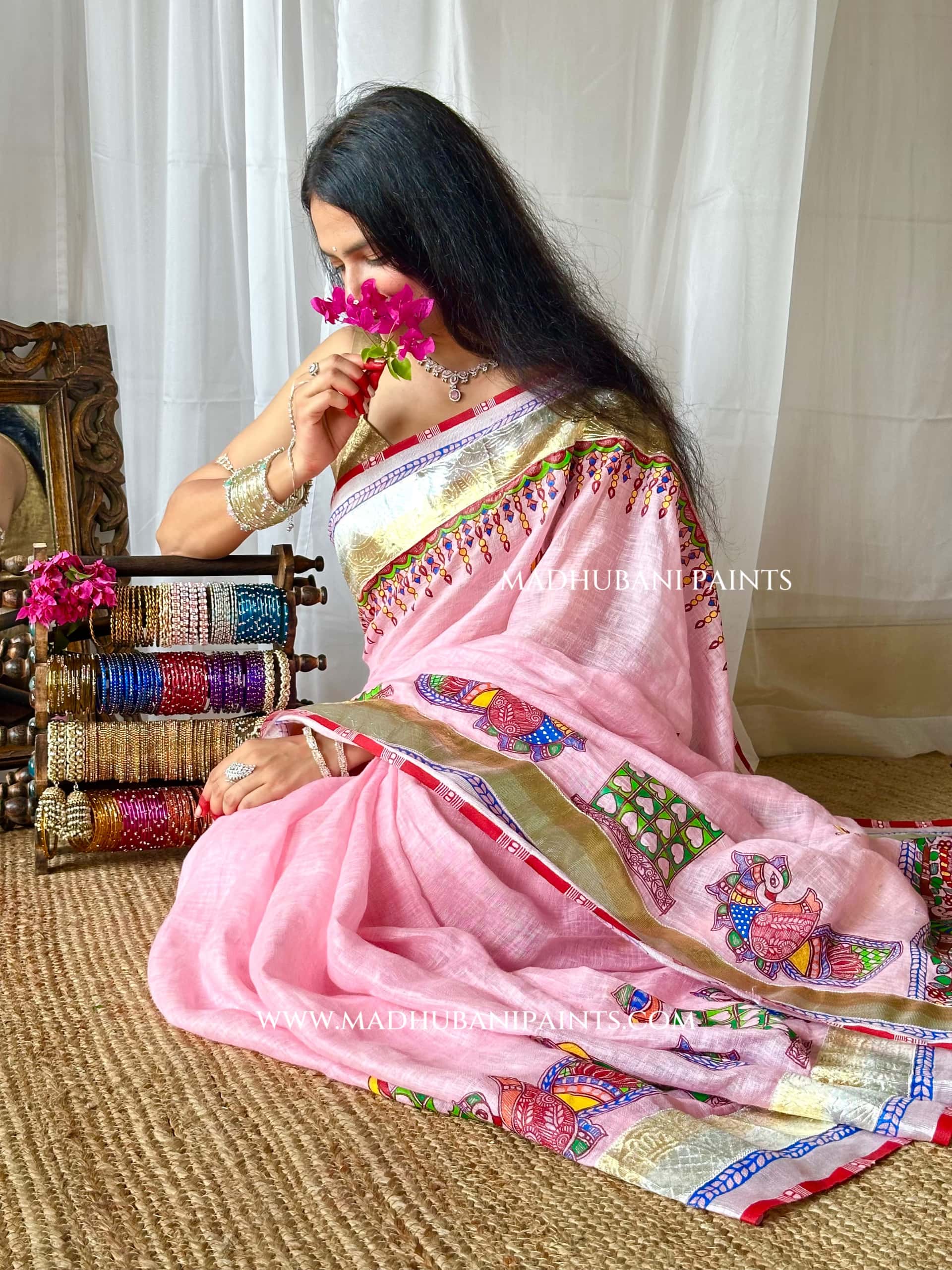 Gulabi Bridal Hand-painted Madhubani Painting Saree — image 6 of 11