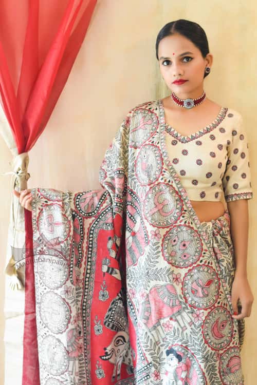 'LALITA' Handpainted Madhubani Tussar Silk saree — image 6 of 6