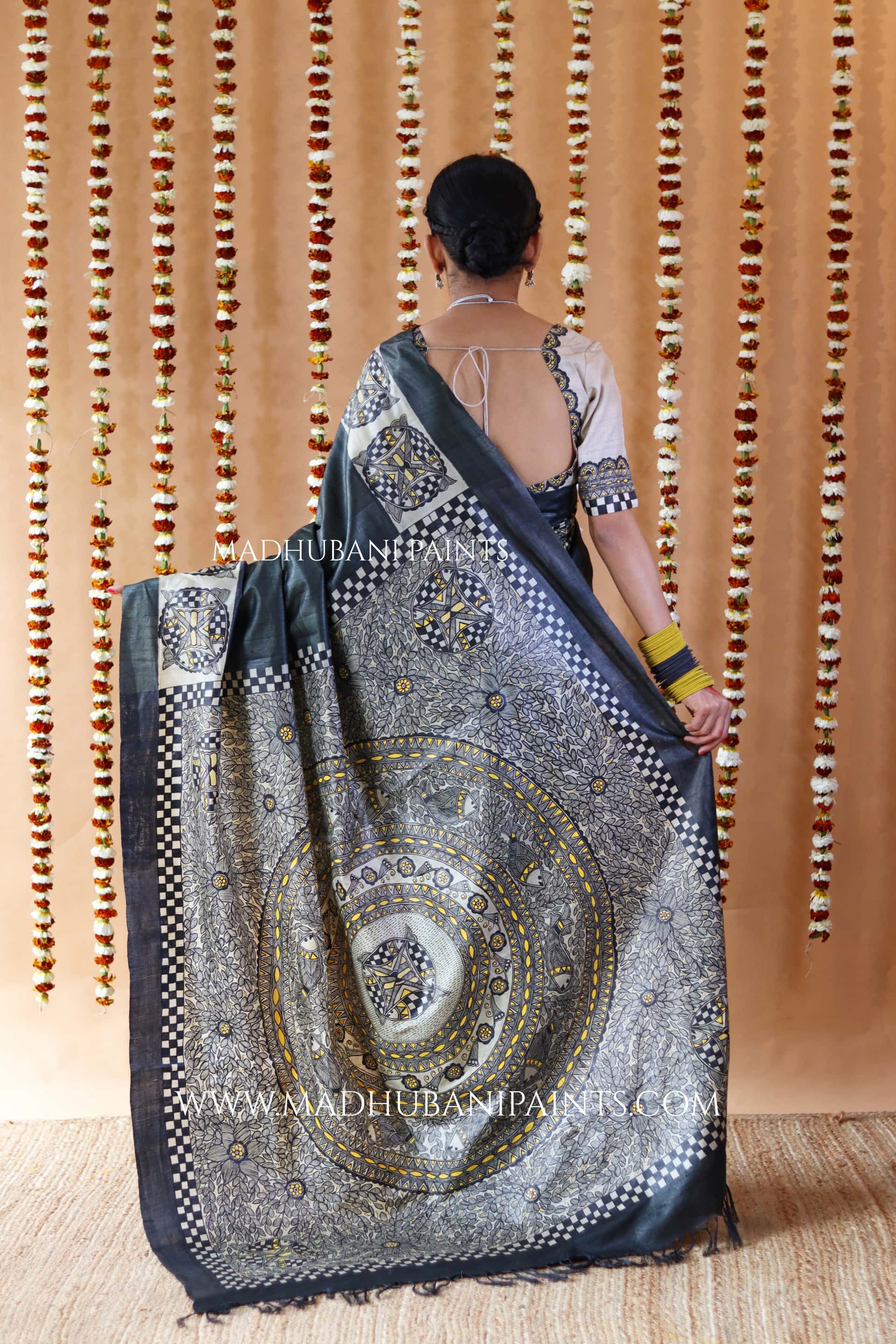 SAMUNDRAMAYI Yellow Hand-Painted Madhubani Tussar Silk Saree — image 7 of 7