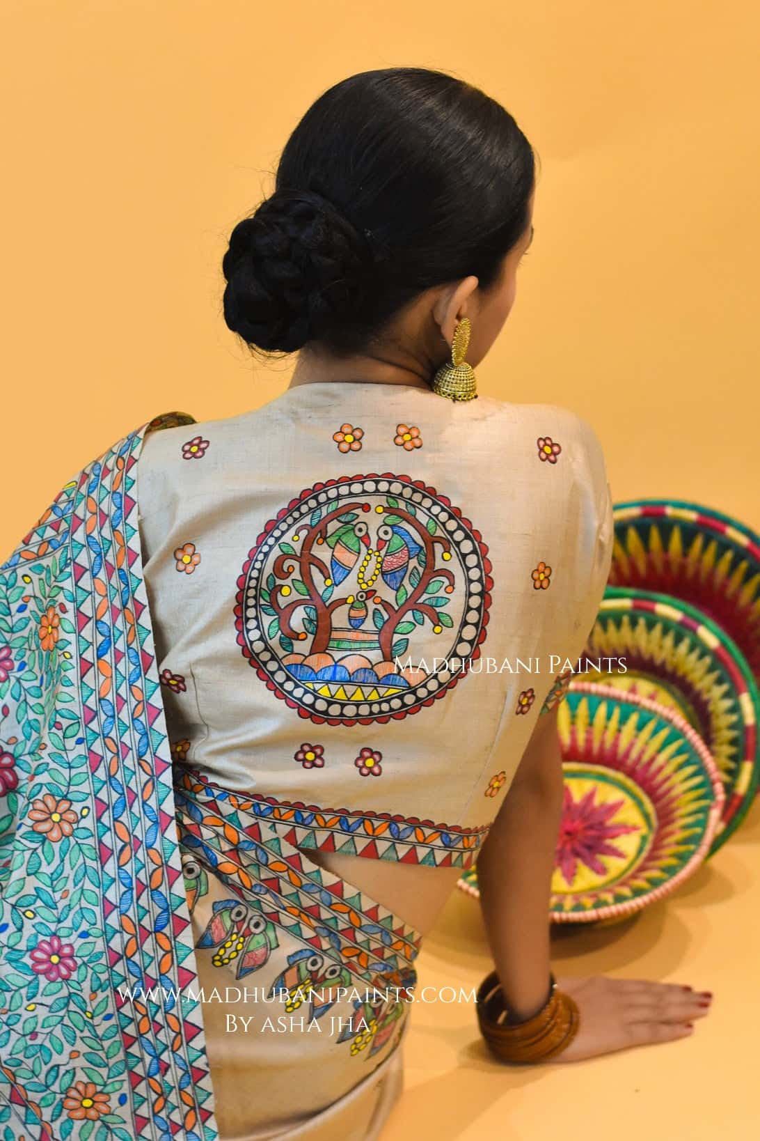 'PYAARE KANHA' Handpainted Madhubani Tussar Silk Saree Blouse set — image 6 of 8