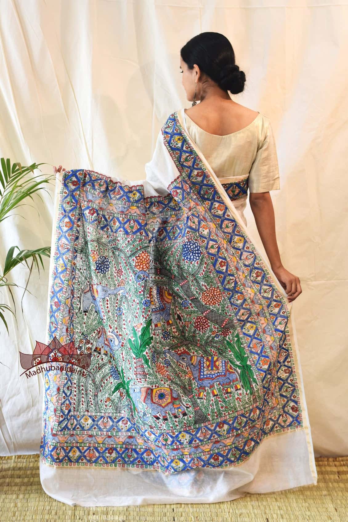 Blue Mithila Box Hand Painted Saree — image 3 of 4