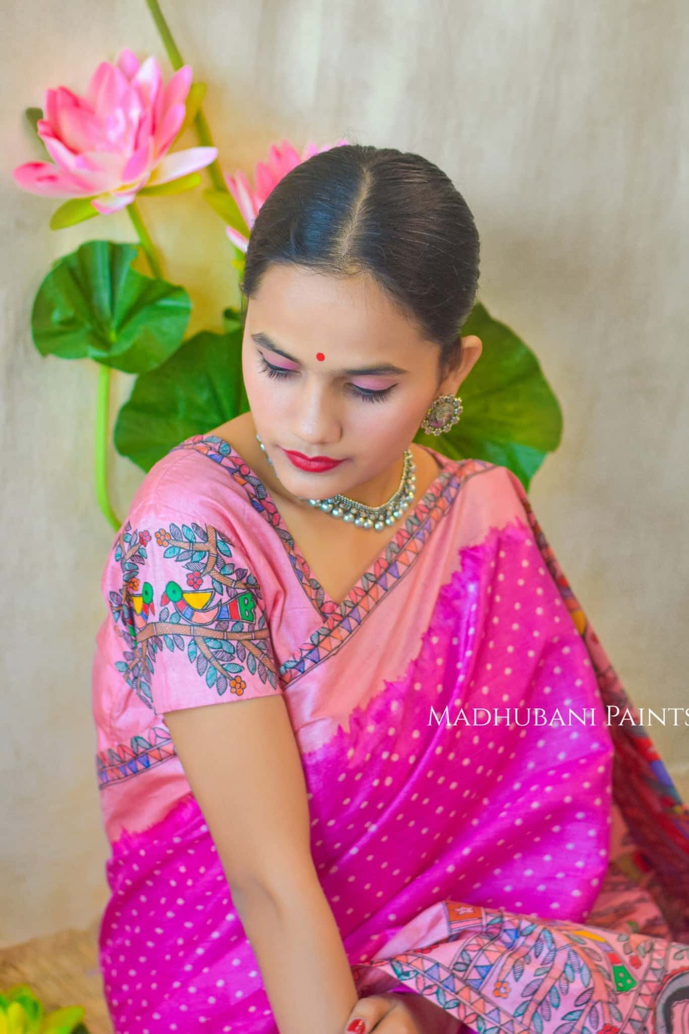GULABI MAHFA Hand-painted Madhubani Tussar Silk Saree Blouse Set — image 6 of 10