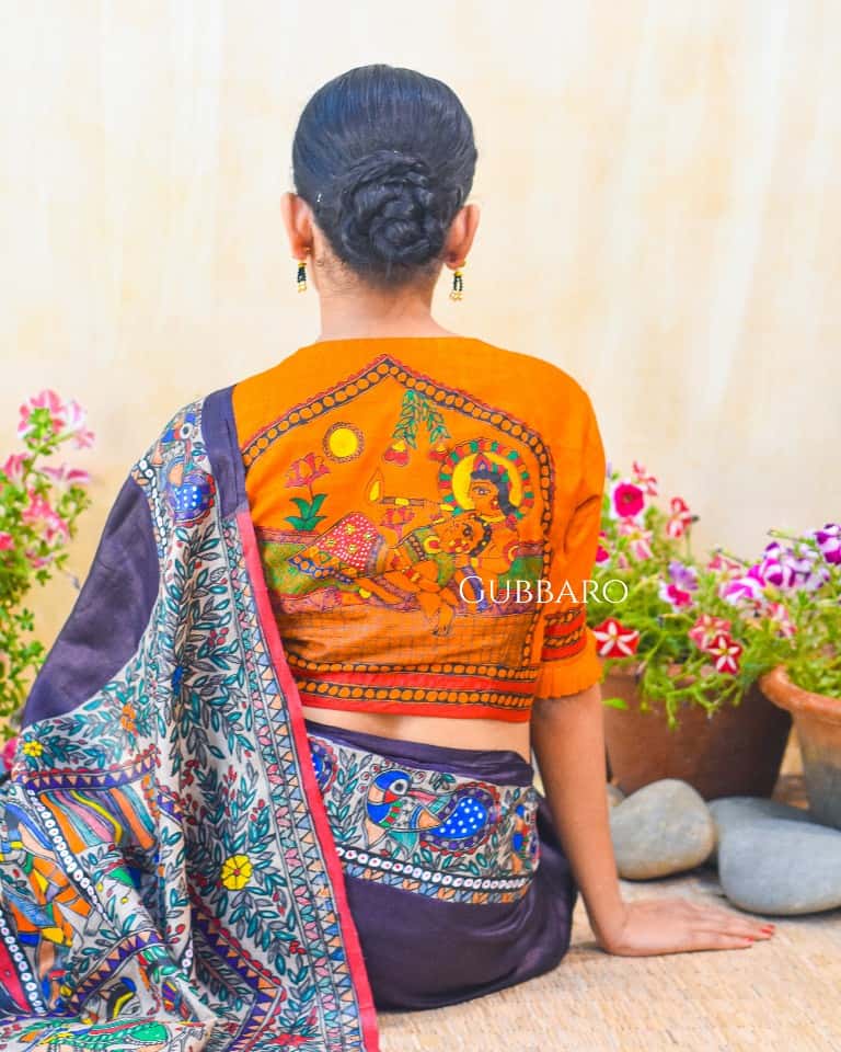 'KRISHNA RAAS' Handpainted Madhubani Tussar Silk Blouse — image 4 of 5