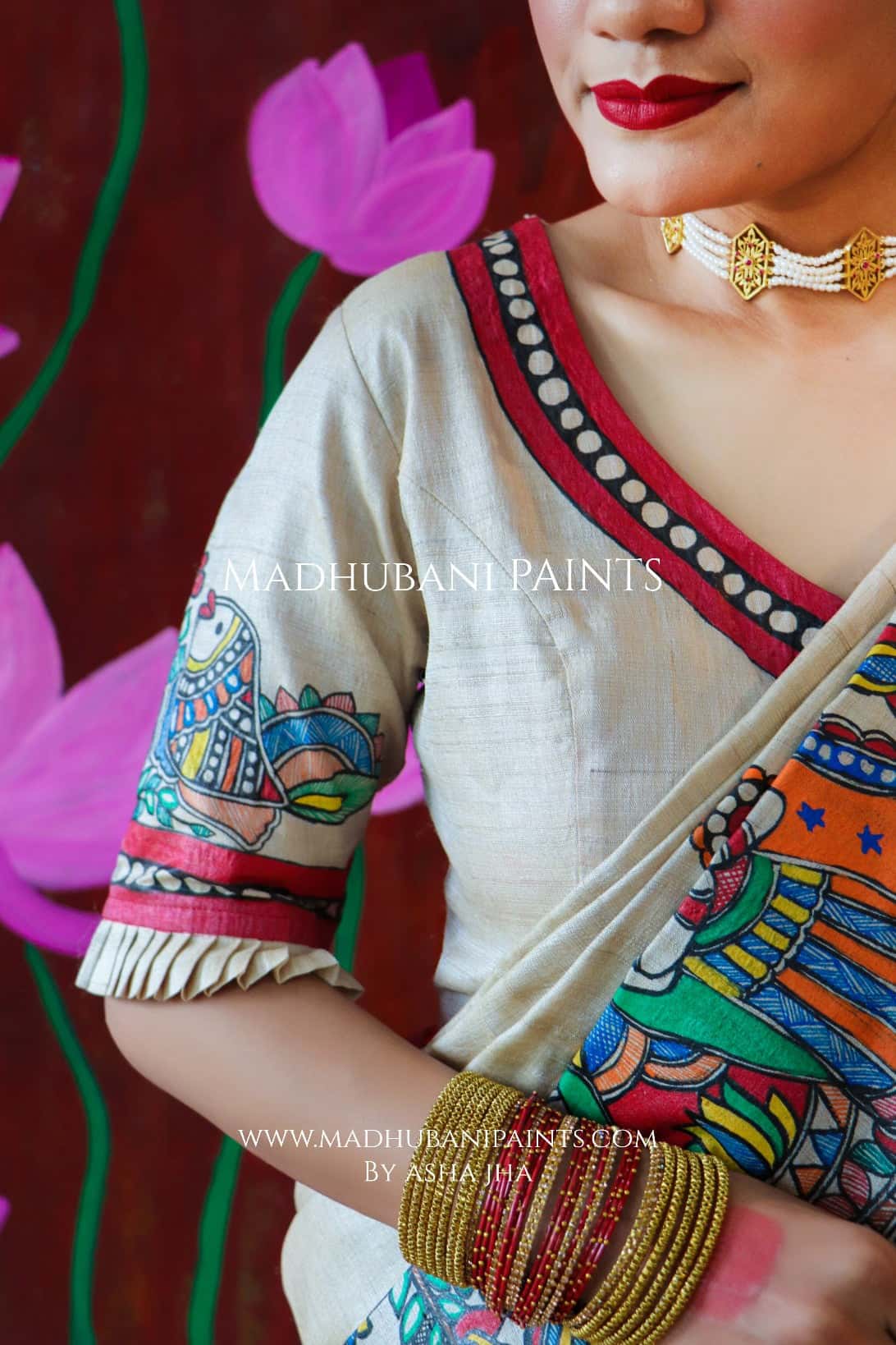 'MALINI' Handpainted Madhubani Tussar Silk Saree Blouse Set — image 8 of 11