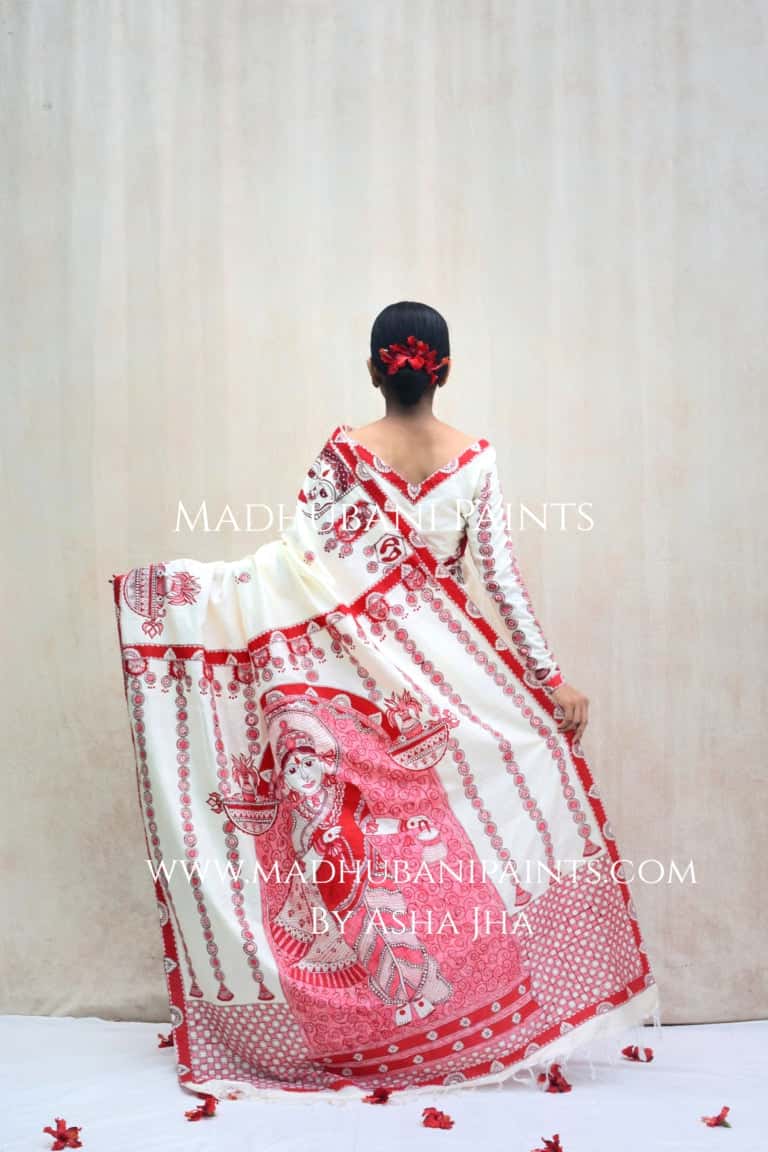 'BRAHMCHARINI' Handpainted Madhubani Bishnupuri Silk Saree Blouse Set — image 9 of 12