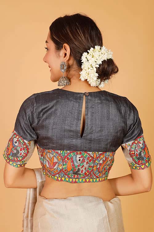 'Surmai Shankh' Handpainted Madhubani Tussar Silk Blouse — image 4 of 7