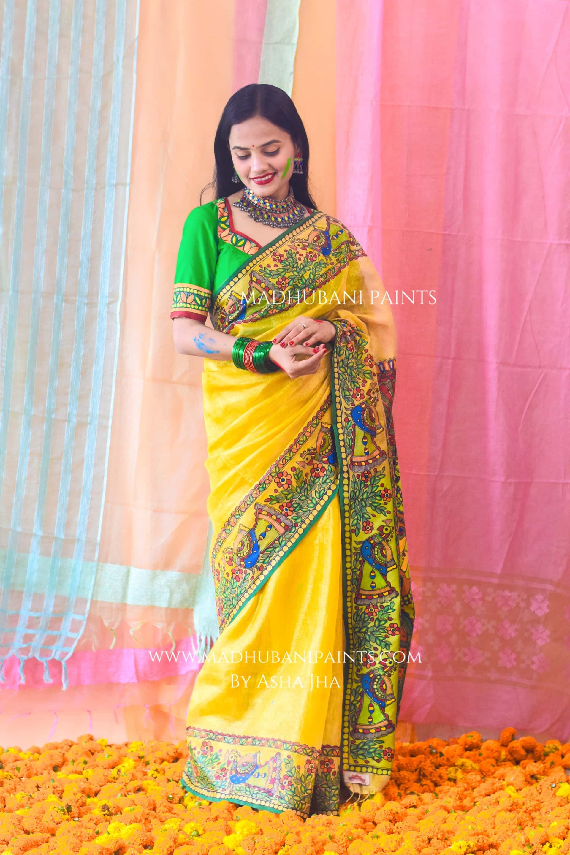UMANG Hand-painted Madhubani Tissue Linen Saree — image 5 of 6