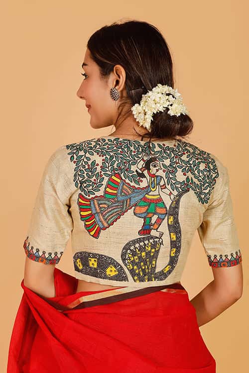 'Krishna Nritya' Handpainted Madhubani Cotton Blouse — image 6 of 8
