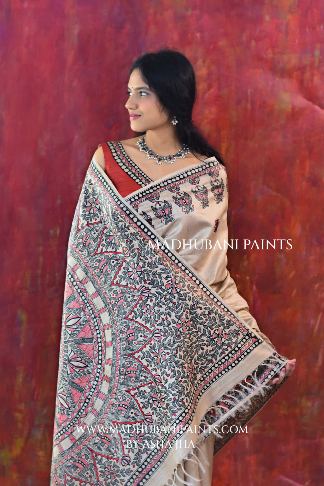 LAAL KAMAL MANDALI Hand-painted Madhubani Tussar Silk Saree Blouse Set — image 2 of 8
