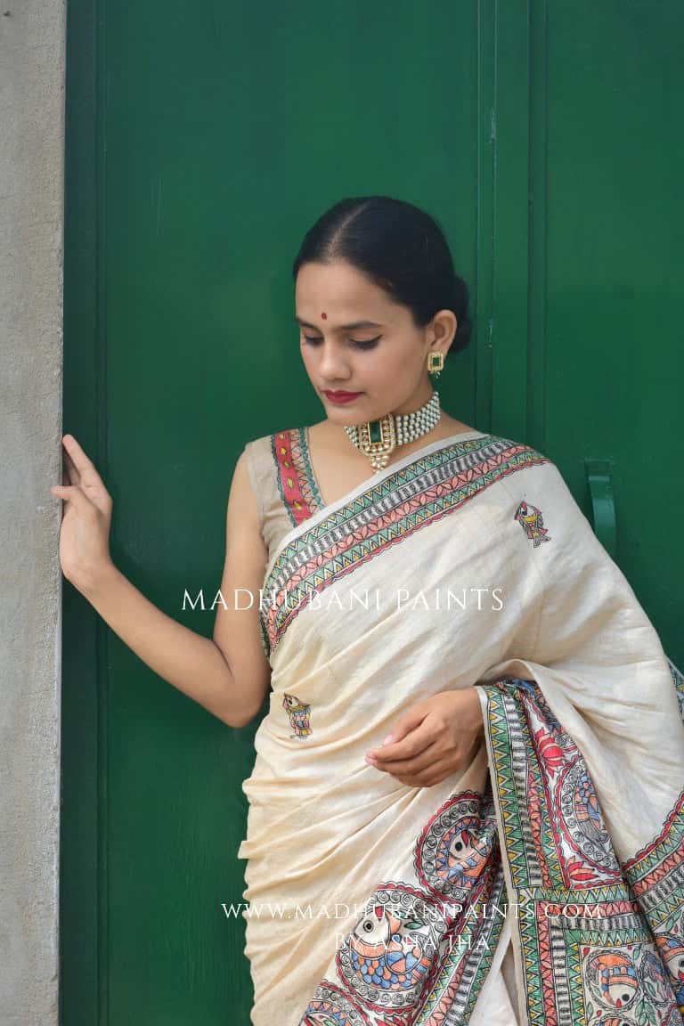 'MATSYA KACHNI' Handpainted Madhubani Tussar Silk Blouse — image 3 of 7