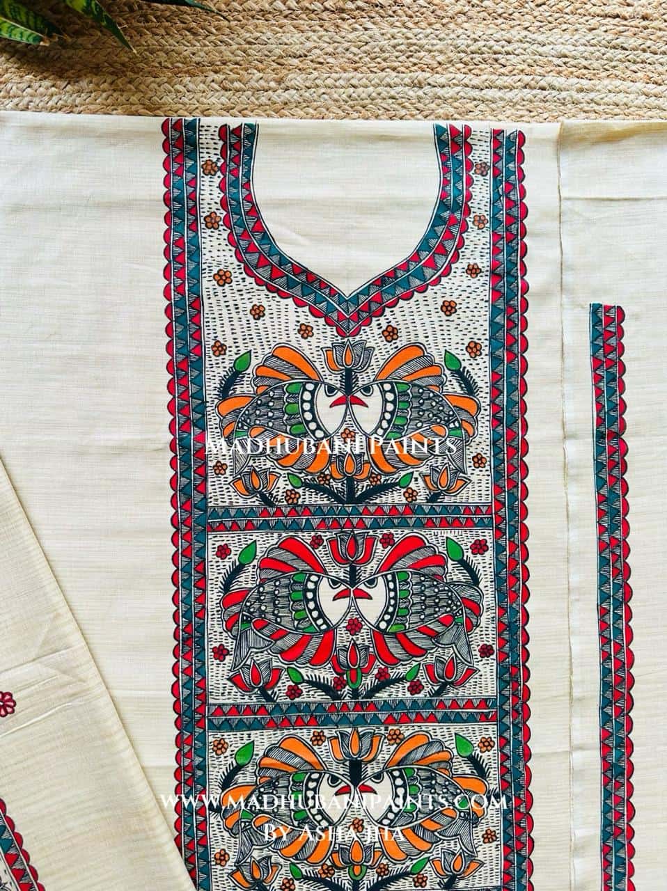 Manjari Hand-painted Madhubani Painting Cotton Unstitched Kurta Pant Dupatta Set — image 2 of 3