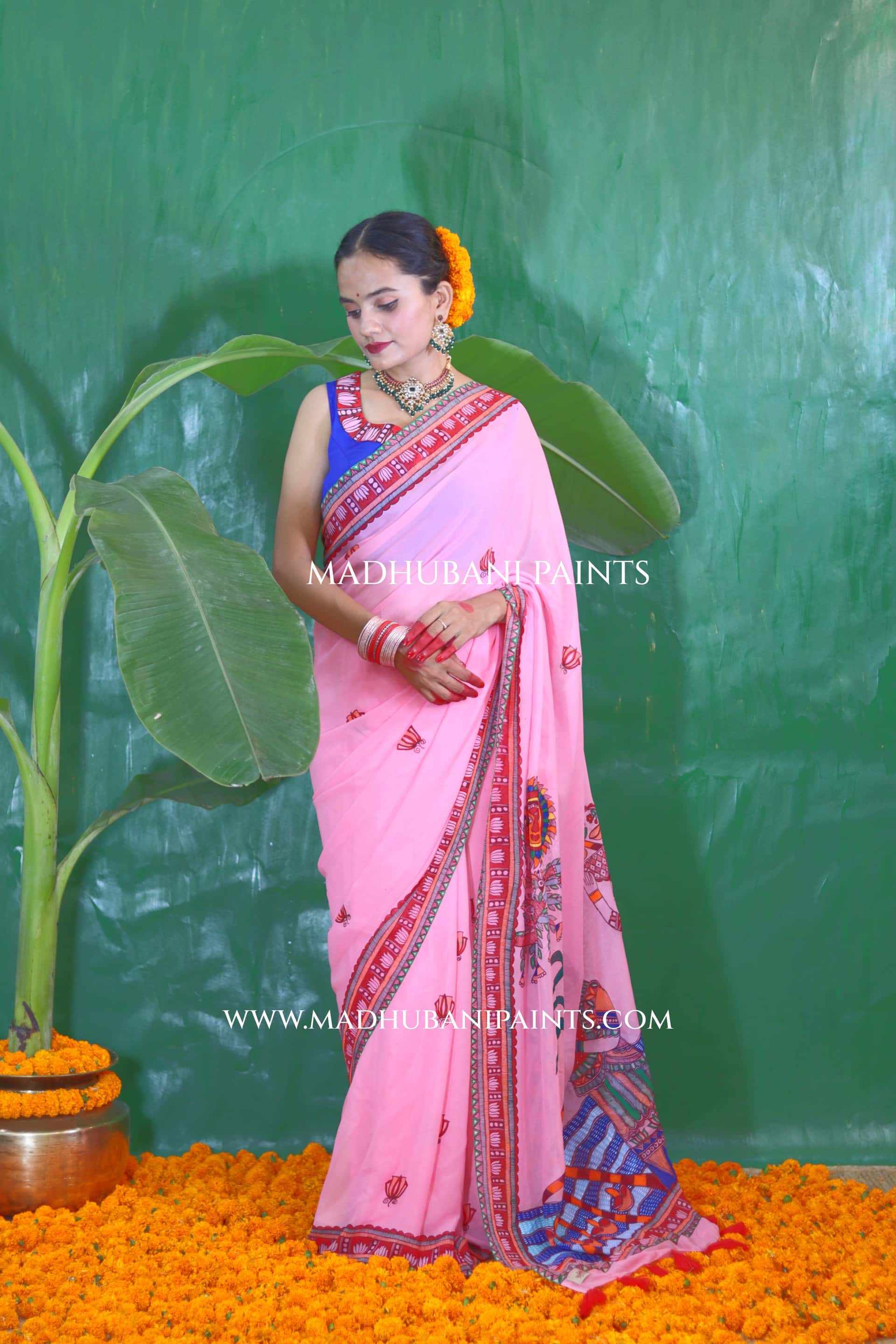 GULABI BHAKTI BHAVA Chhath Puja Hand painted Madhubani Georgette Saree — image 3 of 3