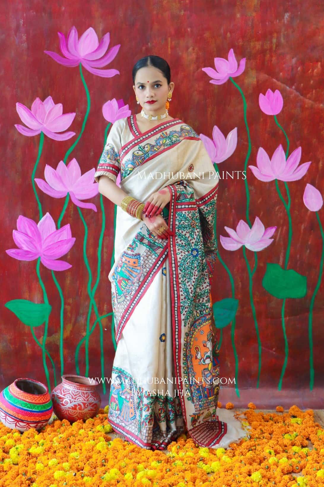 'MALINI' Handpainted Madhubani Tussar Silk Saree — image 6 of 7