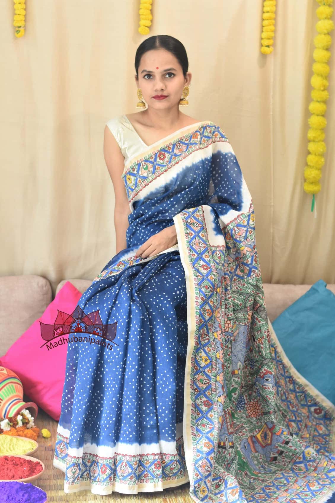 Neeli Vrindavan Bandhej Hand Painted Saree — image 5 of 7