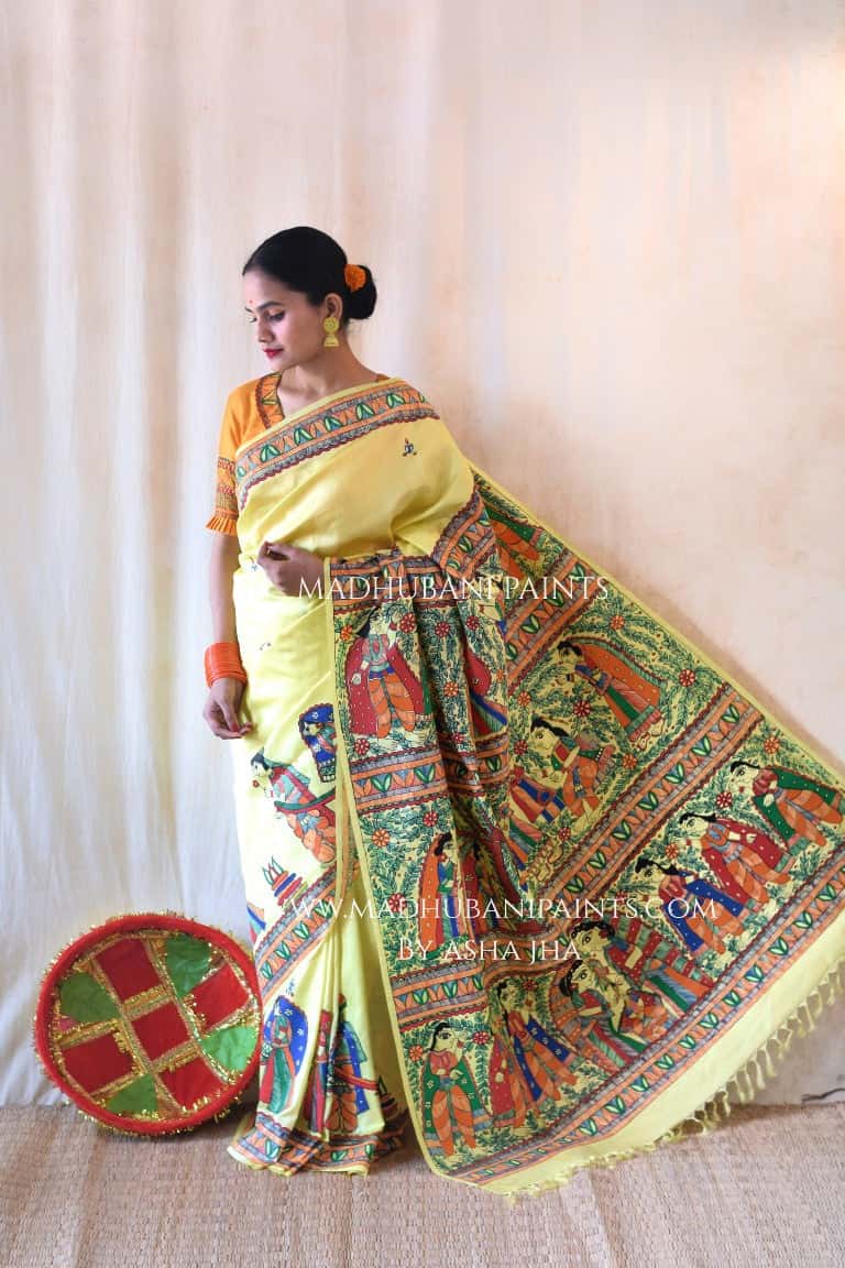 'SHAADI VIDDHI' Handpainted Madhubani Bishnupuri Silk Saree Blouse Set — image 4 of 12