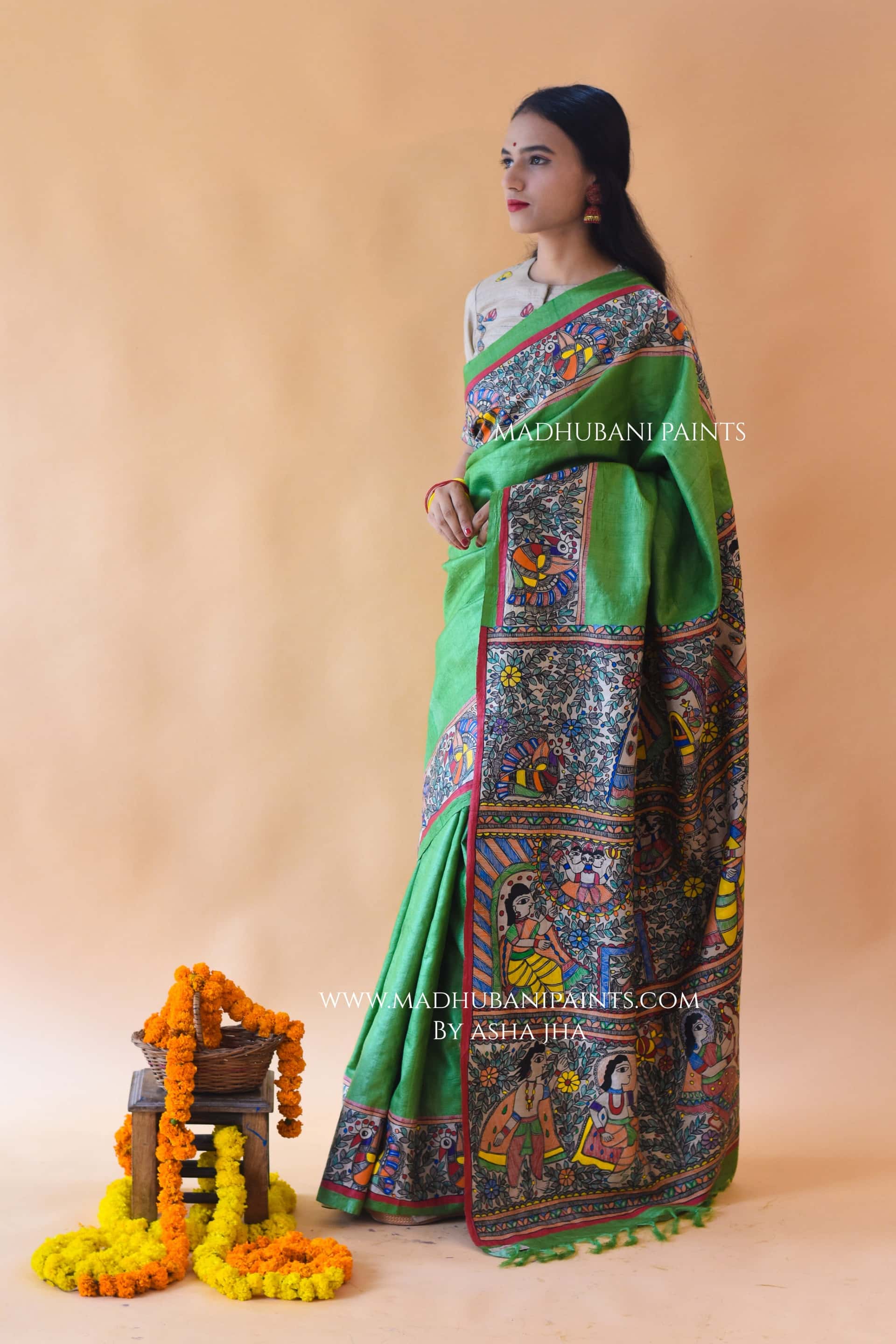 "Hariyali Ramayan" Hand-painted Madhubani Tussar Silk Saree Blouse Set — image 3 of 8