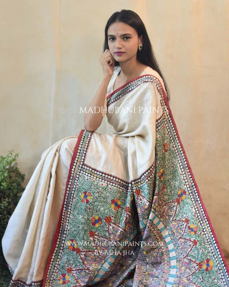Handpainted Madhubani 'BAGIYA' Tussar Silk Saree — image 2 of 5