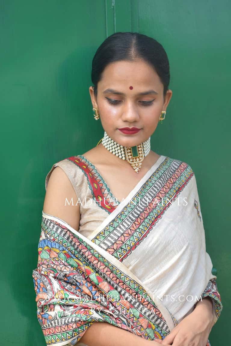 'MATSYA KACHNI' Handpainted Madhubani Tussar Silk Blouse — image 4 of 7