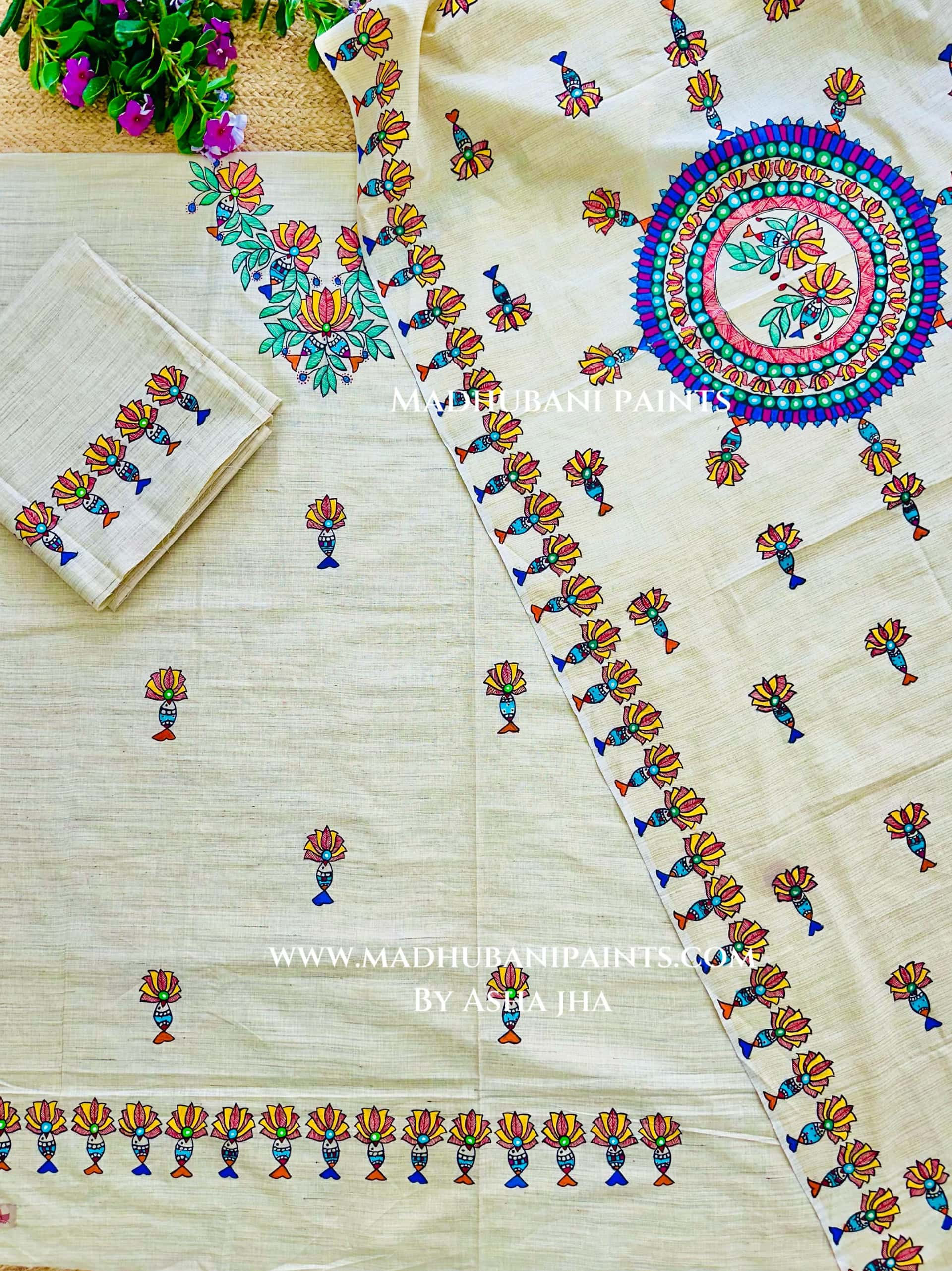 Kamal Nayan Hand-painted Madhubani Painting Cotton Unstitched Kurta Pant Dupatta Set — image 3 of 3