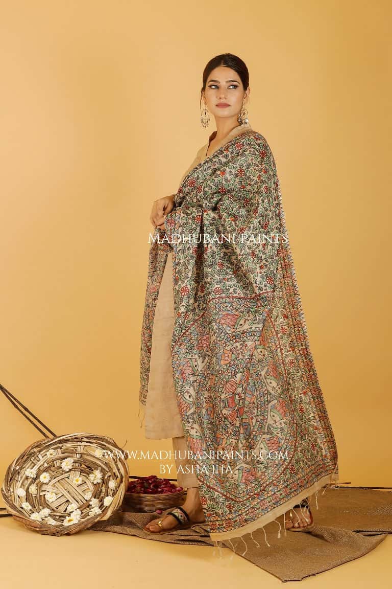 Mithila Prakriti Madhubani Handpainted Pure Handwoven Tussar Silk Dupatta — image 2 of 4