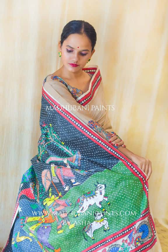 KRISHNA IN BAARISH' Handpainted Madhubani Tussar Silk Saree Blouse Set — image 3 of 8