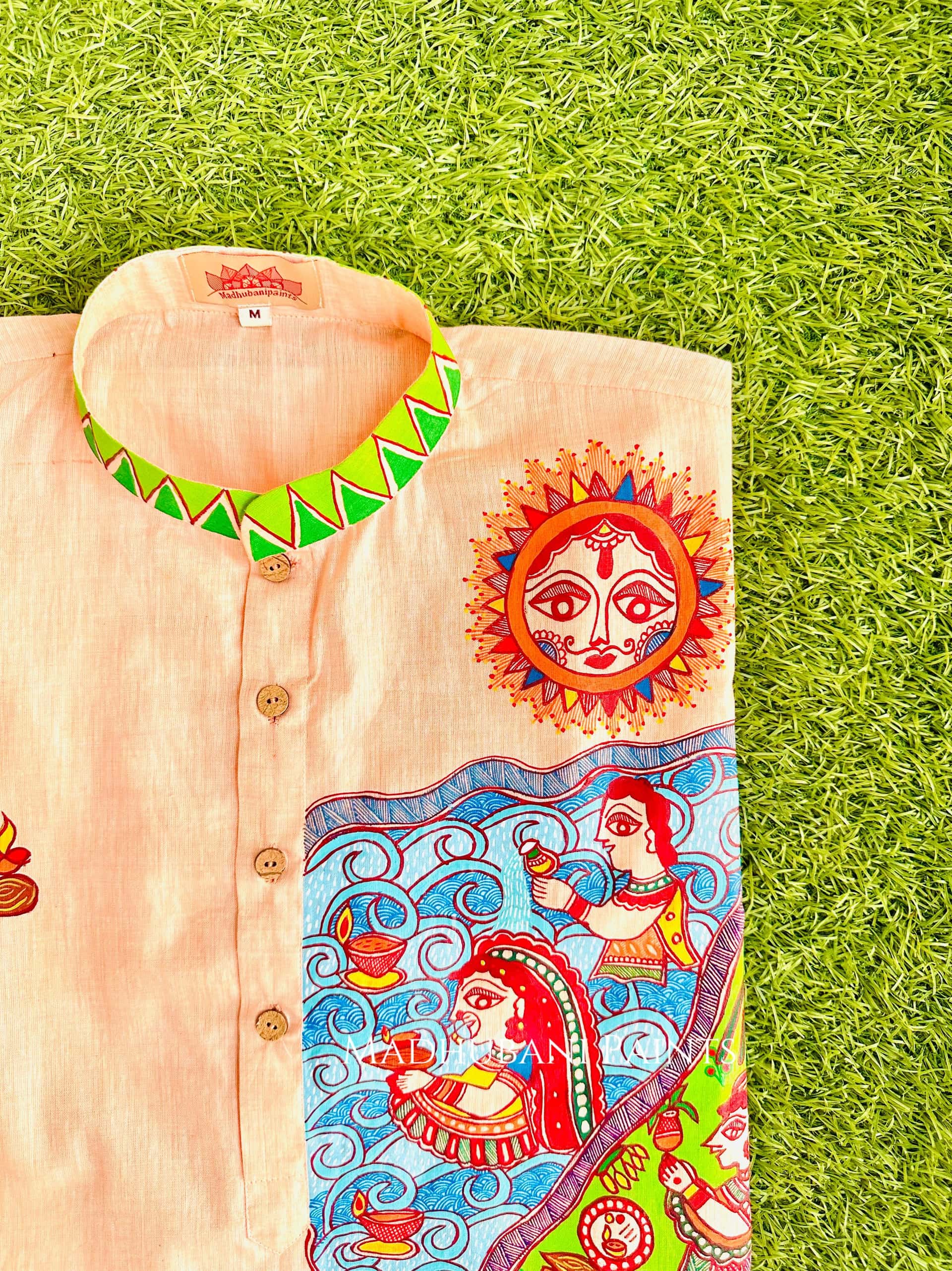 Peach Chhath Puja Hand-painted  Madhubani Men's Cotton Kurta — image 3 of 6