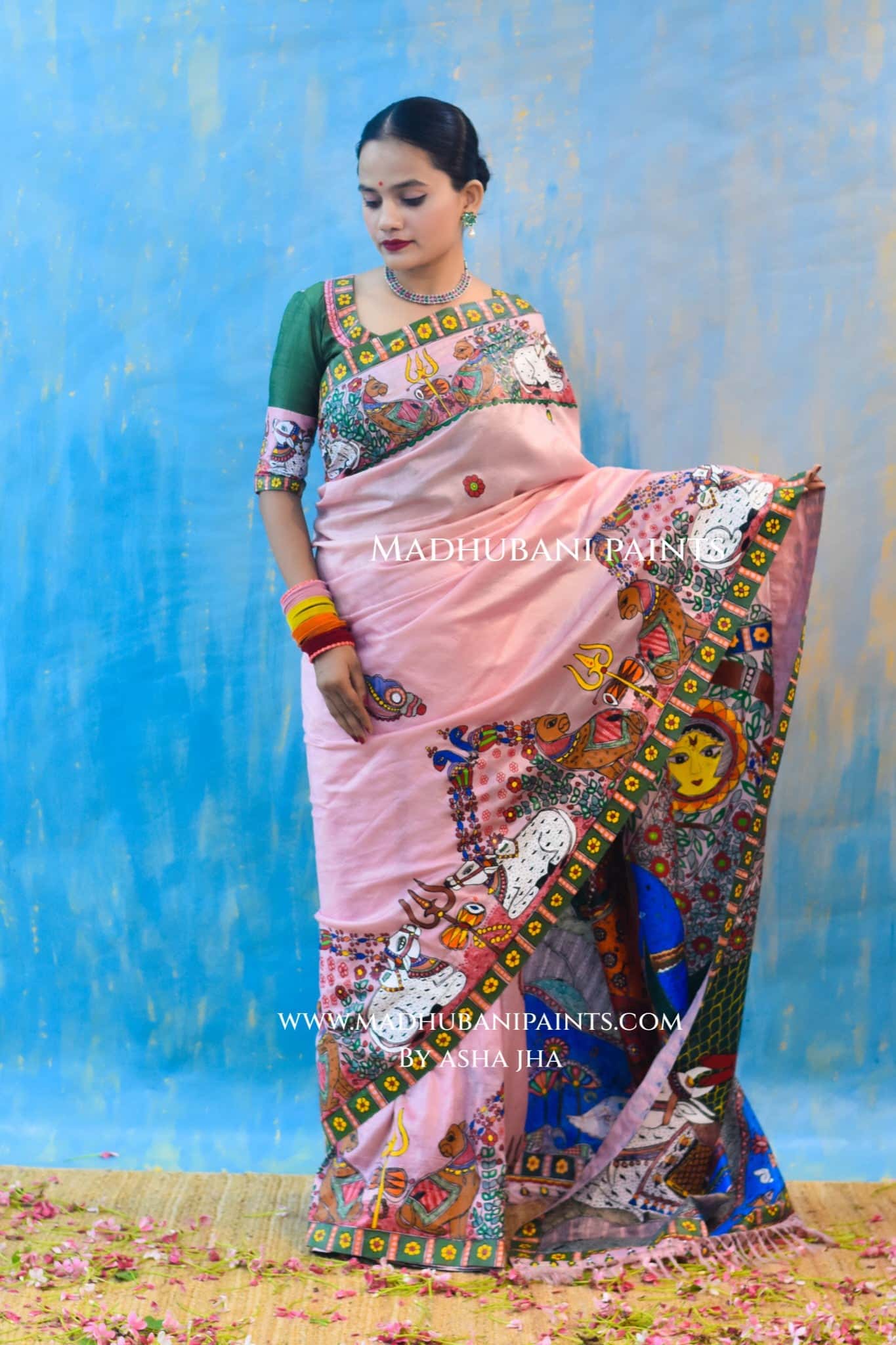 UMAMAHESHWAR ARDHNARISHWAR Hand-painted Madhubani Tussar Silk Saree — image 4 of 6