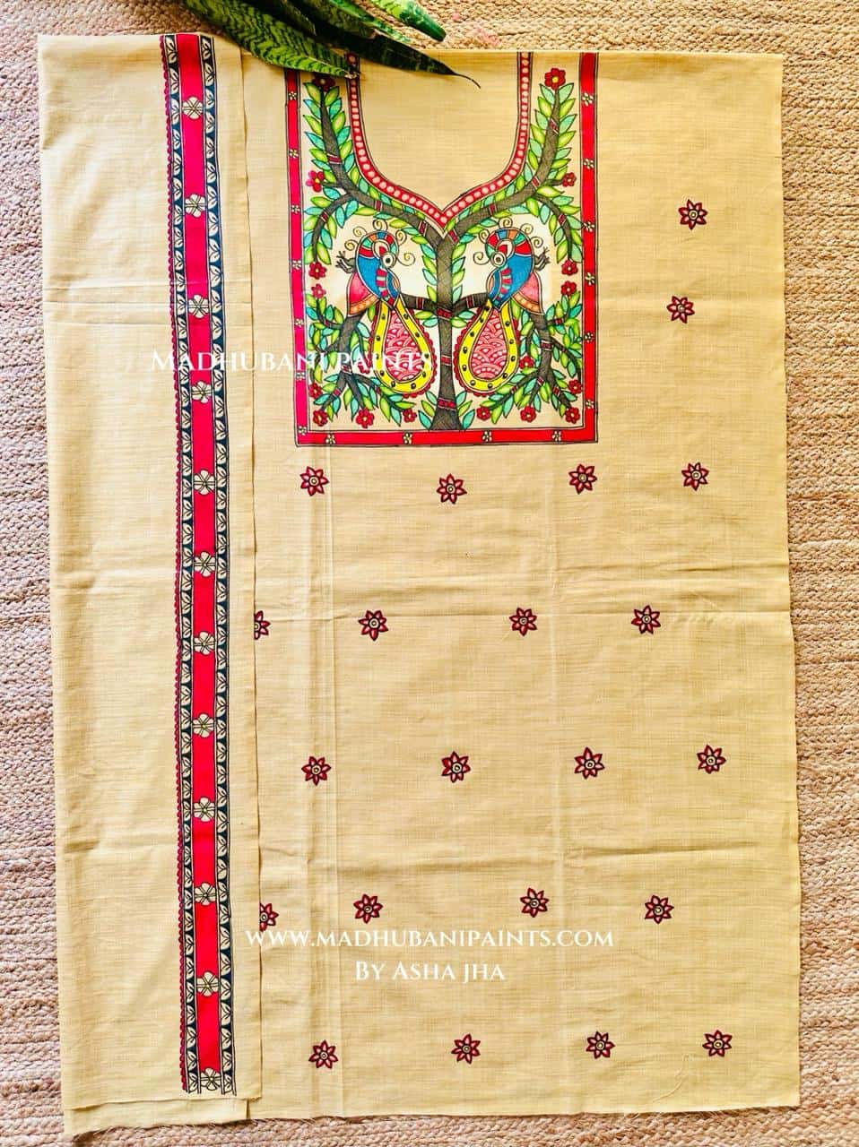 Yellow Judwa Mayuri Hand-painted Madhubani Painting Cotton Unstitched Kurta Pant Dupatta Set — image 3 of 3
