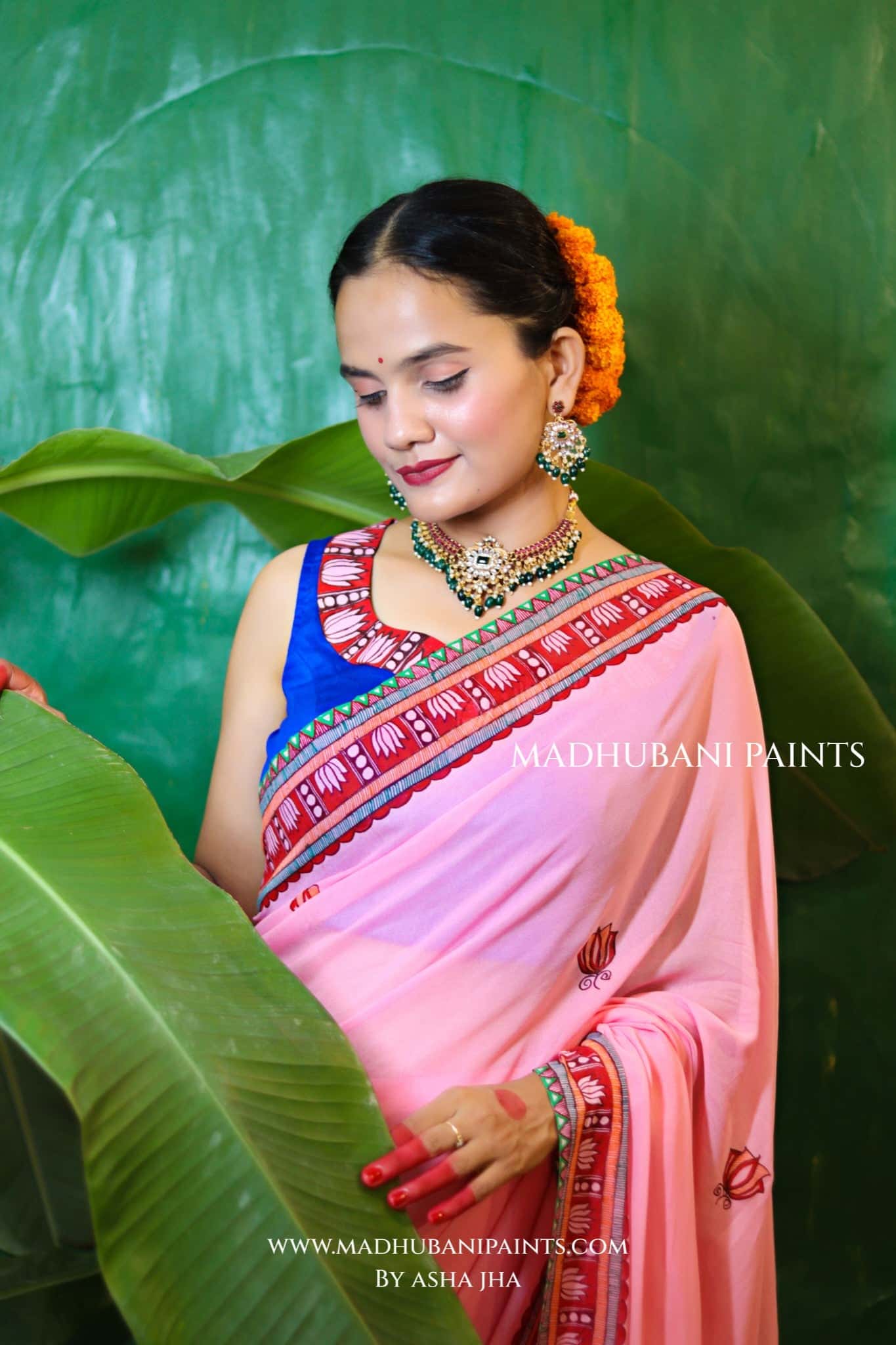 GULABI BHAKTI BHAVA Chhath Puja Hand painted Madhubani Georgette Saree Blouse Set — image 2 of 10