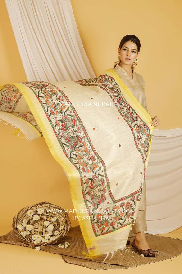 Matsya Madhubani Handpainted Pure Handloom Cotton Dupatta — image 2 of 4