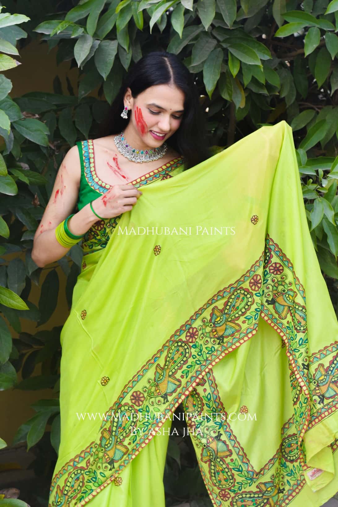 MADHUMAS Hand-painted Madhubani Chiffon Saree Blouse Set — image 5 of 13