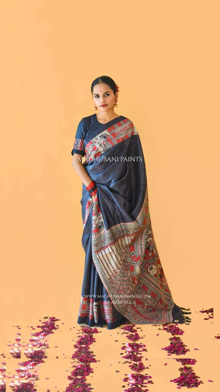 'NARAYANI' Handpainted Madhubani Tussar Silk Saree  Blouse Set — image 4 of 11